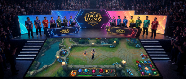 英雄联盟职业联赛比赛现场,两支队伍在舞台上激烈对抗,大屏幕实时显示游戏画面