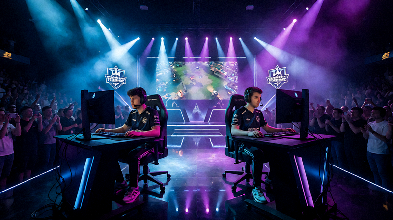 电竞赛事现场舞台灯光效果选手在比赛中激烈对战的氛围